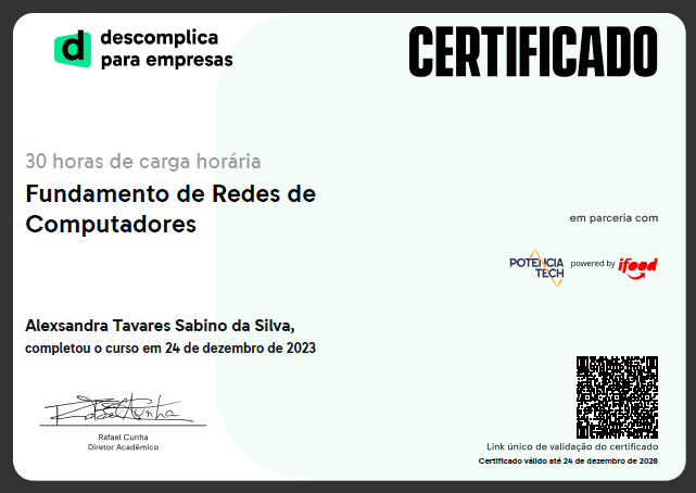 Certificado Fundamentos de Redes de Computadores - Descomplica, Potencia Tech e IFood